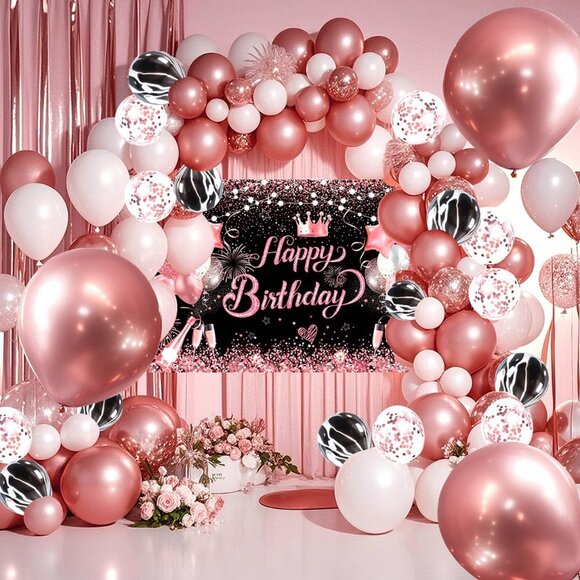 NEW Rose Gold Happy Birthday Party Balloon Photo Background Decor Wall Tapestry - Picture 2 of 5